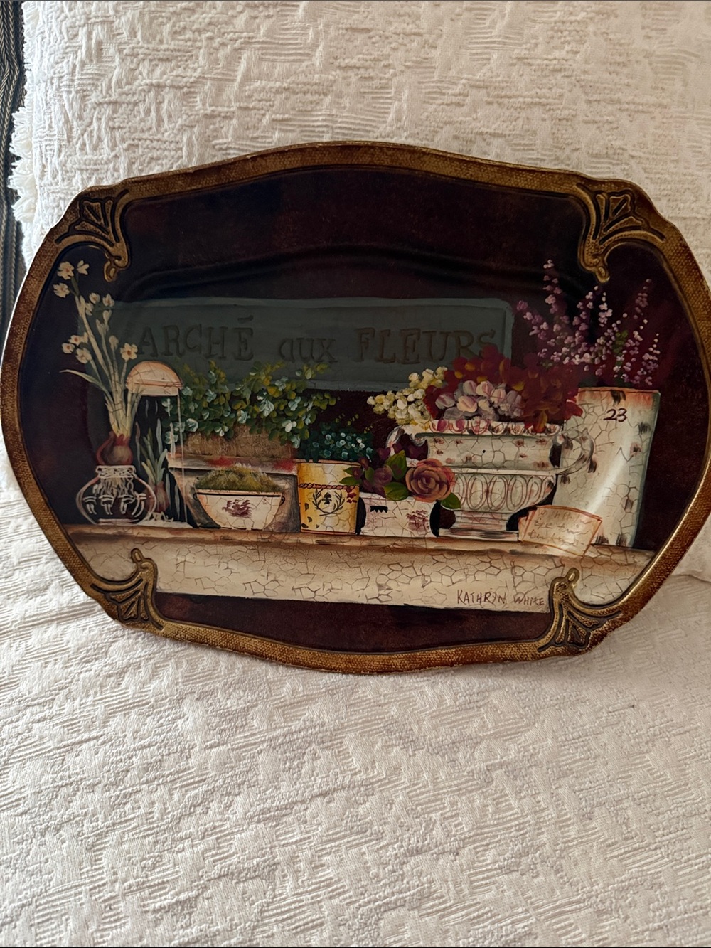 Hand-Painted Floral Wall Tray in Brown and Gold